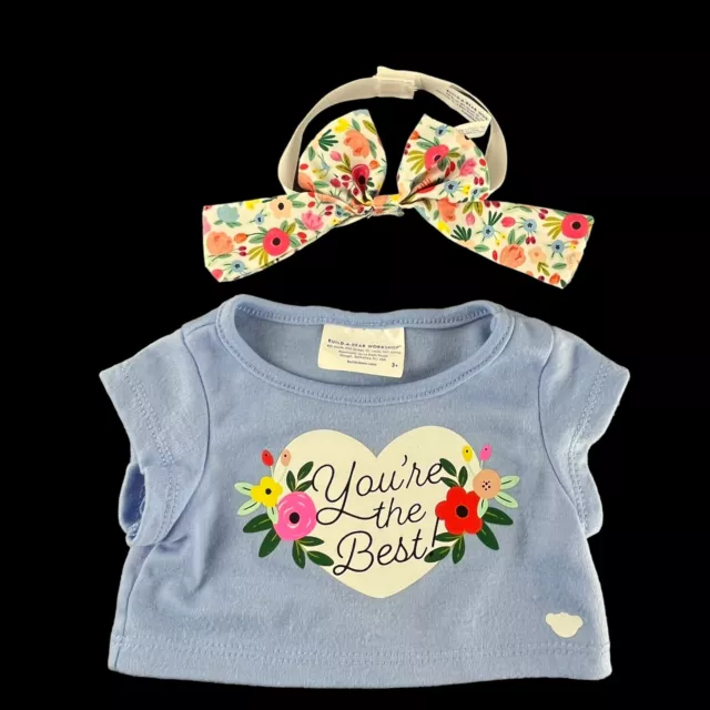 Build A Bear T Shirt and Headband You're the Best Blue Floral Girl Clothing