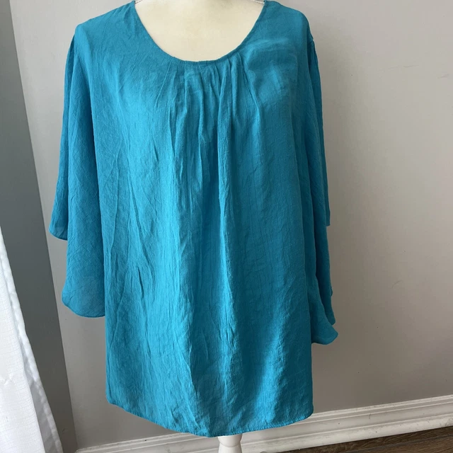 Dress Barn Sz 3X Linen Tunic Turquoise Flutter Sleeves Lightweight Cool Roomy