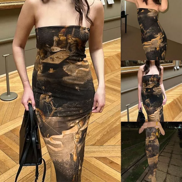 Langes Kleid Von Der Schulter Weiblich Ölmalendruck Schlank Schlussverkauf