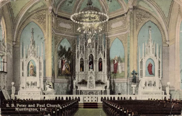 Interior St. Peter & St. Paul Church Huntington Indiana IN 1915 Postcard