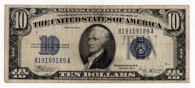 1934 B $10 Silver Certificate Note Fr. 1703 (BA Block) - VF