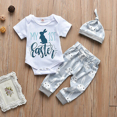 Newborn Infant Baby Boys Summer Easter Bunny Letter Romper+Pants+Hat Outfits Set
