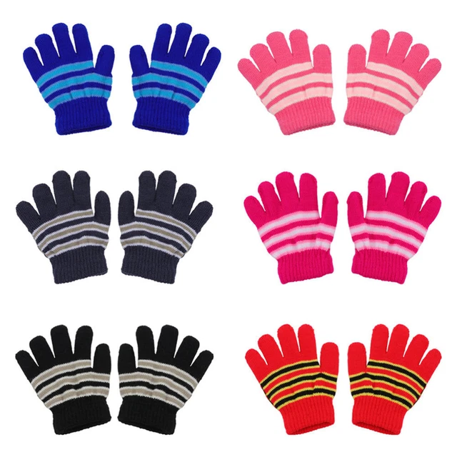 6 Pairs Warm Knit Mitten Wintergloves Three-Color Velvet Kids Toddler Mittens