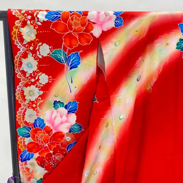 Furisode Color Uchikake VINTAGE Japanese Kimono Silk red classic G-694 2