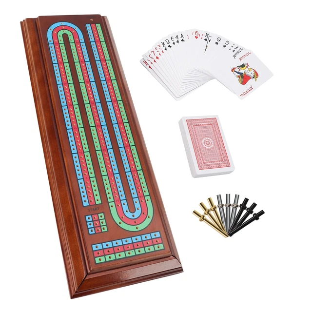 3TRACK WOODEN CRIBBAGE Board Game with Storage, 9 Metal Pegs/Playing