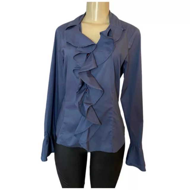 Oscar De La Renta Women’s Ruffled Blue Button Blouse Cotton Blend Size 8