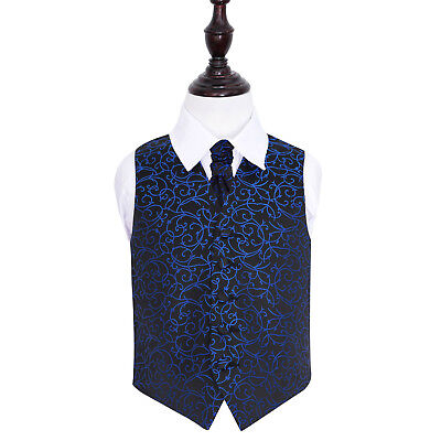 DQT Swirl Patterned Black and Blue Boys Wedding Waistcoat & Cravat Set