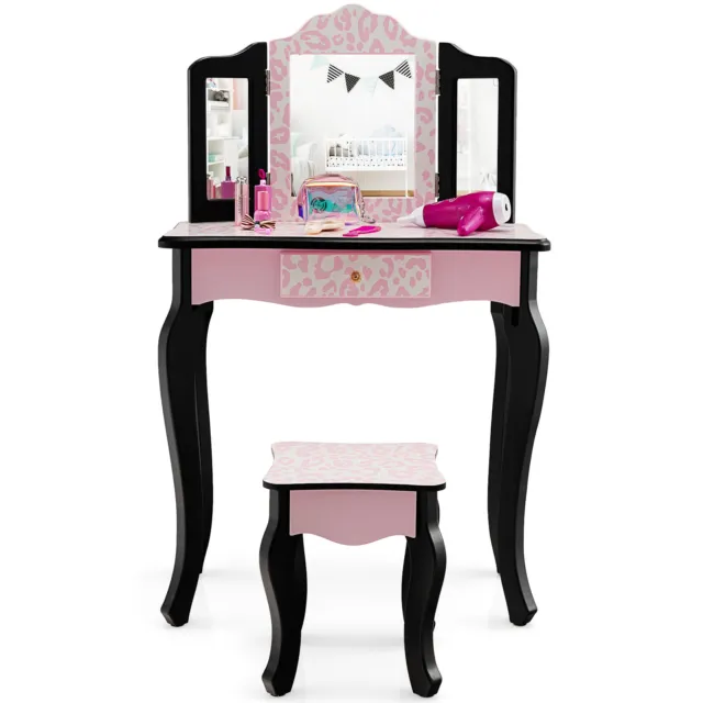 Tavolino da trucco bambini con sgabello 2 in 1 tavolo da parrucchiere scrivania con specchio