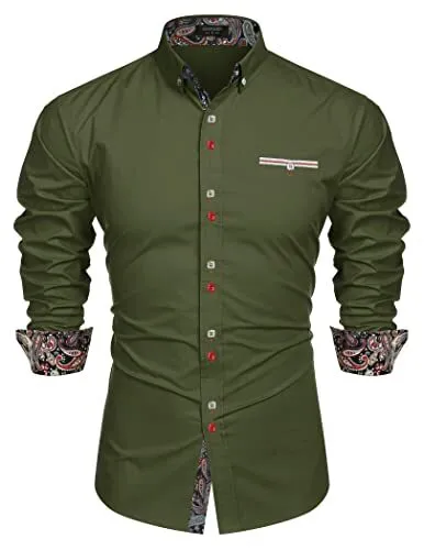 COOFANDY Mens Shirt Casual Button Down Dress, Army, X-Large, Long Sleeve