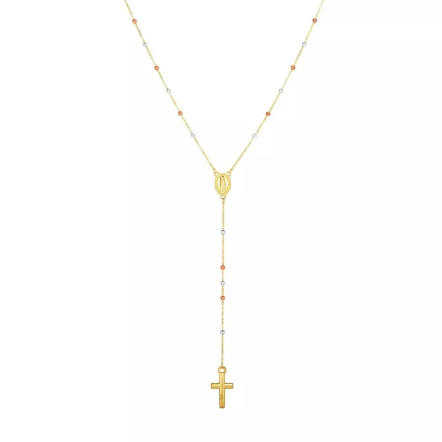 14K Gold Tri-color Multi Tone Bead Rosary Style Cross Necklace 26"