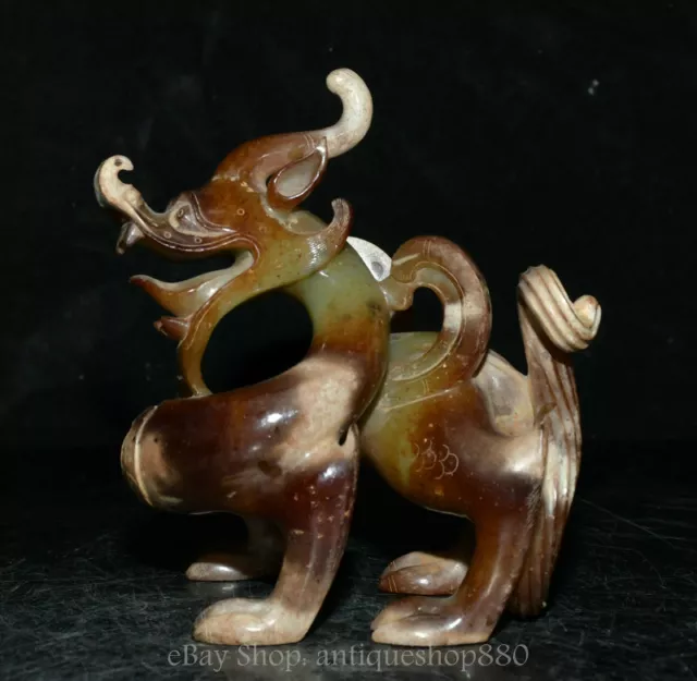 5.9'' Ancient Chinese Han Dynasty Hetian Jade Carving Dragon Loong Beast Statue