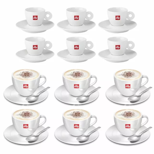 6 Tazzine Caffe' Illy In Porcellana e 6 tazze Illy Cappuccino con piattino