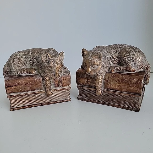 VTG Cat Bookends Heavy Weight Bronzed Resin Cats Kitten Resting Books Door Stop