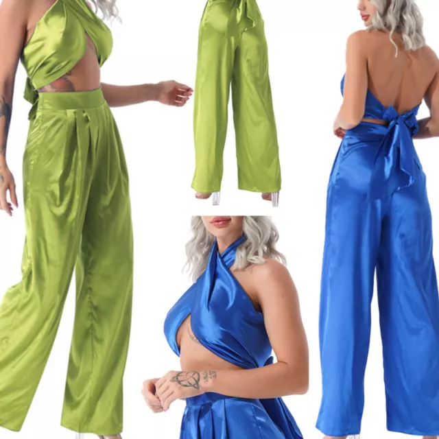 Women's Satin 2 Piece Set Wide Leg Pants Halter Neck Criss Cross Crop Top