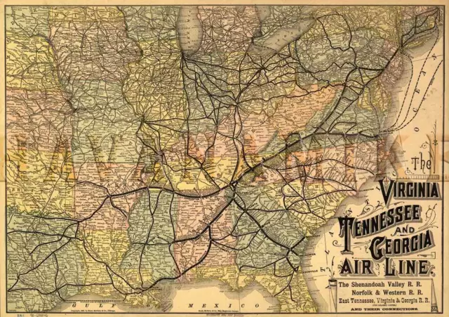 The Virginia Tenessee Georgia Railroad Mapa 1882 Vintage Repro Póster Impreso