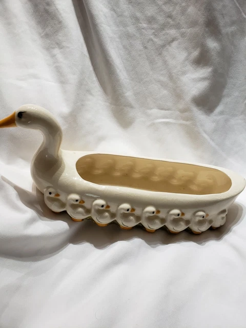 1981 Fitz and Floyd White Ceramic Duck with Ducklings Cracker Tray Dish Vintage