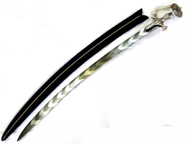 Sword Damascened Chevron Lehariya Shamshir Blade Silver Bidari Work Handle F138