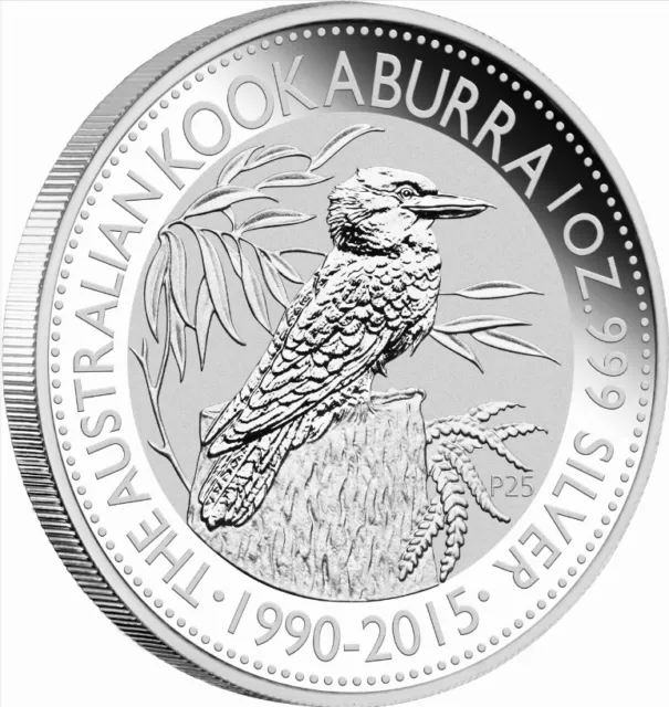 1990 - 2015 perth mint kookaburra 1oz .999 silver coin, in capsule, uncirculated