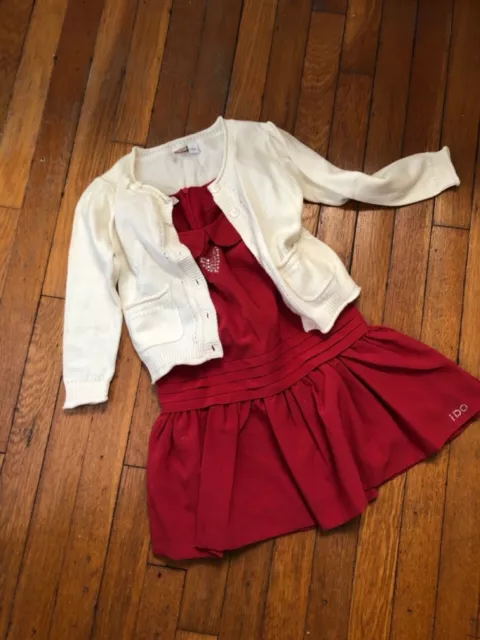 Girls Christmas Peter Pan Collar Red Dress with White Cardigan Size 2T