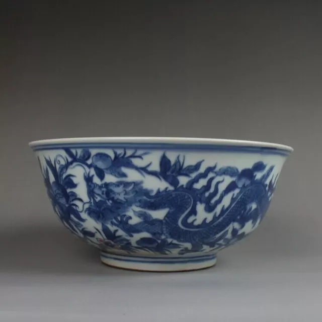 Chinese Blue and White Porcelain Qing Kangxi Dragon Peach Design Bowl 7.83 inch