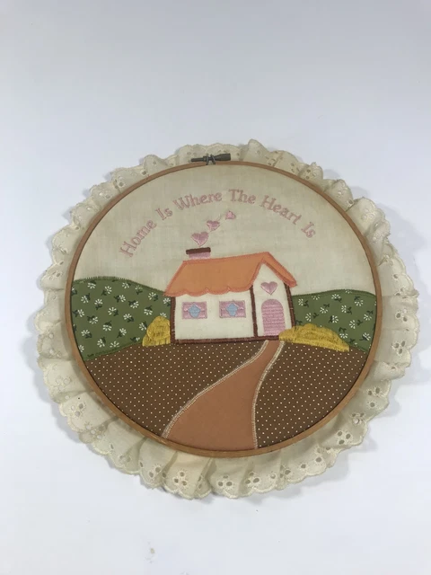 Vintage Home Is Where The Heart Is Lace Trimmed Circle Wall Hanging Primitive