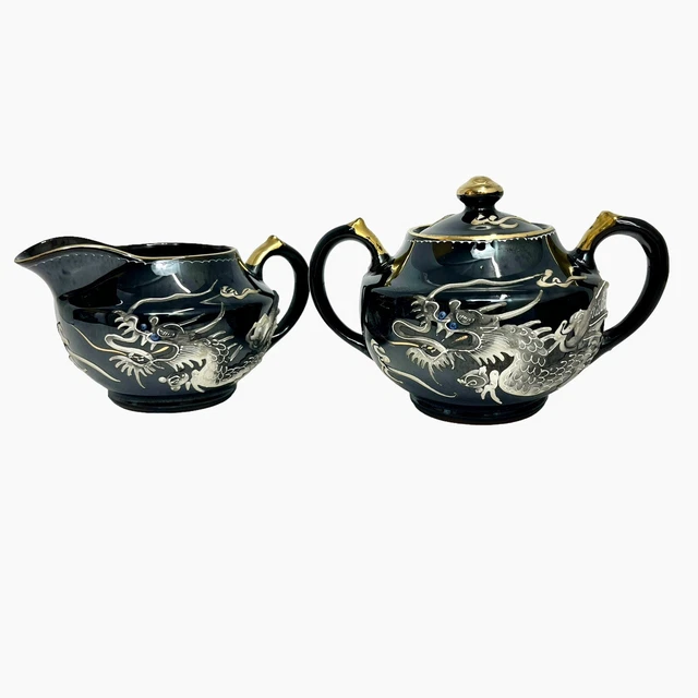 Japanese Dragon Ware Creamer Sugar Bowl Lid Vintage Black