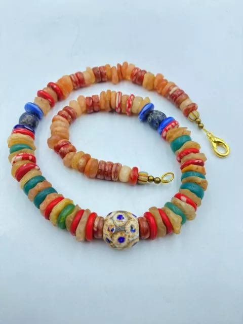 Ancient Roman Antiquity Carnelian Crystal Mosaic Glass Old Bead Necklace String