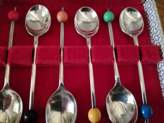 Six coffee bean spoons EPNS A1 Silver Plated with Coloured Beans in Case 2