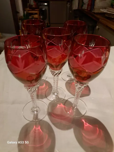 5 X Small Red Cut Glass Wine/Liquer Glasses With Twisted Stem