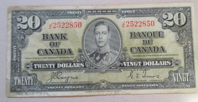 1937 Bank of Canada Twenty Dollar $20 Bill. BETTER GRADE $20 Bank Note (PS6-B)