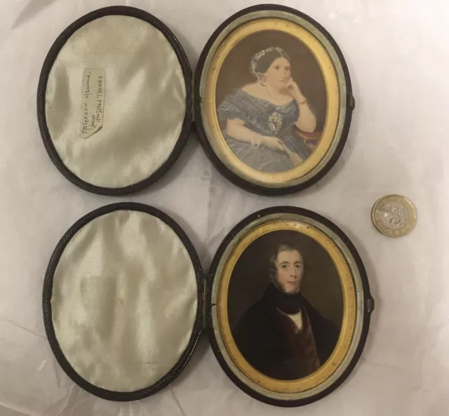 PAIR OF LOCK & WHITFIELD 1900s MINIATURE PAINTING PORTRAITS LADY GENTLEMAN CASE