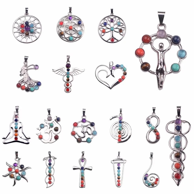2Pcs Reiki Energy Crystal Gem Pendant Tree of Life Semi Precious Choker Necklace