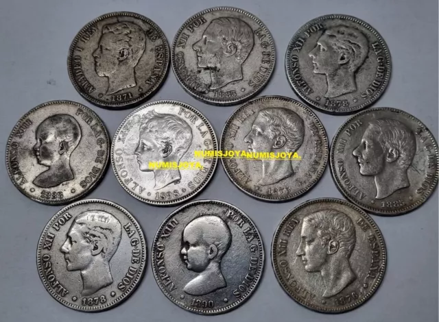 Lote de 10 monedas de 5 Pesetas PLATA las FECHAS DISTINTAS. Peso 250 gr. Lote A.