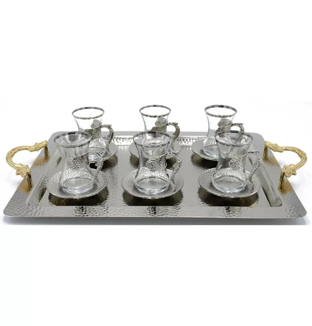 Turkish Luxury 13 Piece Tea Cup Set Ottoman Style with Rectangular Tray - Silver 3