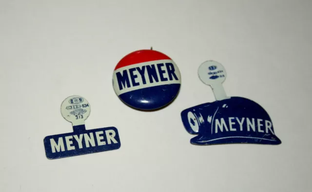 Set of 3 New Jersey State Governor Meyner Hat Political Button Pin NOS New 1960s