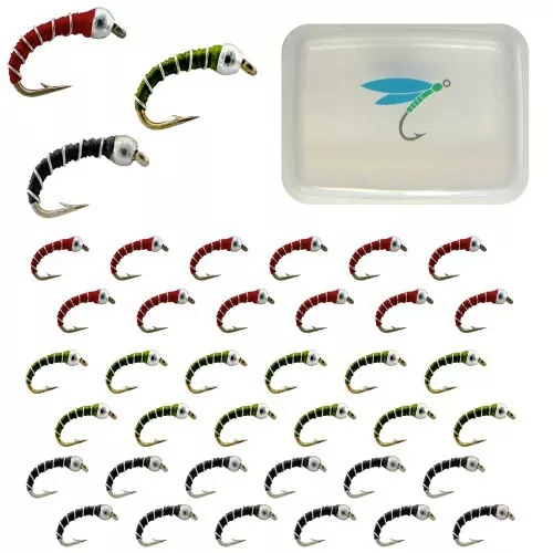 36 Pc ZEBRA MIDGE Nymph Fly Fishing Trout Flies - RGO with Case, Hook Size #18
