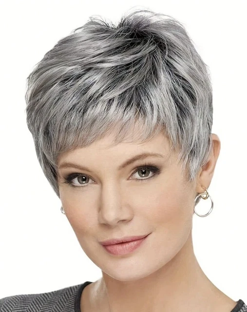 Perruque Synthétique Courte Grise Avec Frange – Coupe Pixie, Bonnet Ajustable, Style Naturel