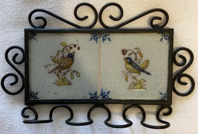 Set of 2 Antique Dutch Delft Polychrome Framed Birds & Fruit Tiles