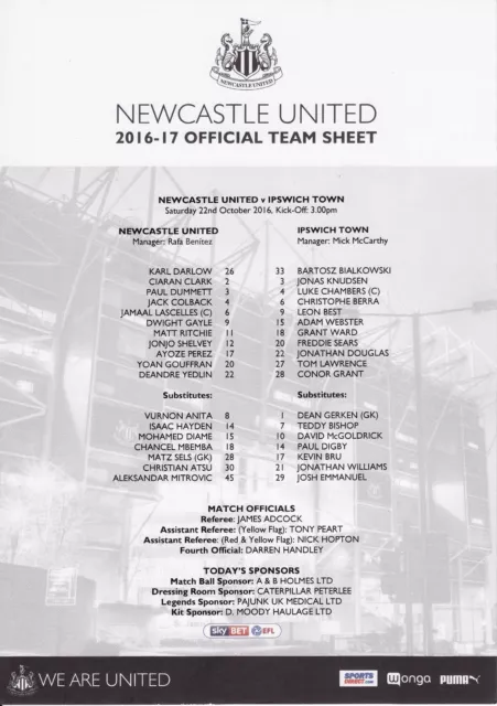 2016/17 Newcastle United v Ipswich Town Teamsheet