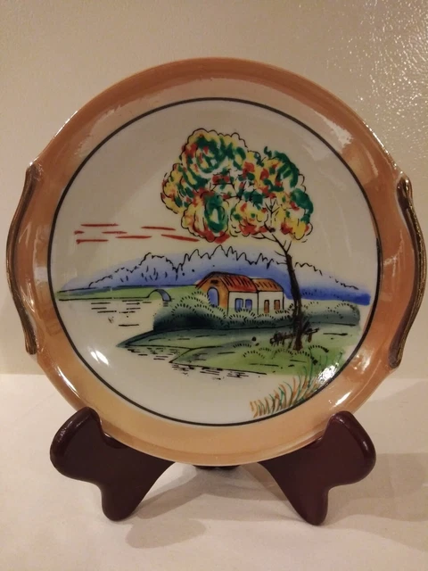 Art Deco Japan Hand Painted Cottage Tree  Scene Salad Porcelain Plate 7 1/2 "