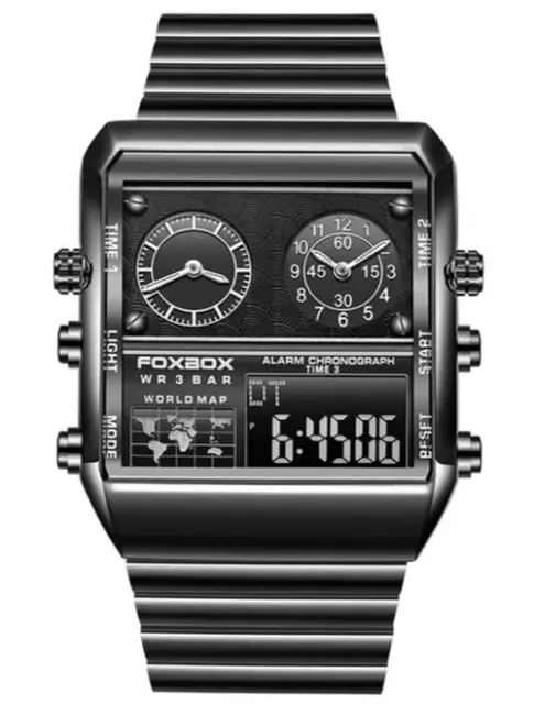 Foxbox Luxury Square Stainless Steel Watch Men Waterproof Dual Display Watches
