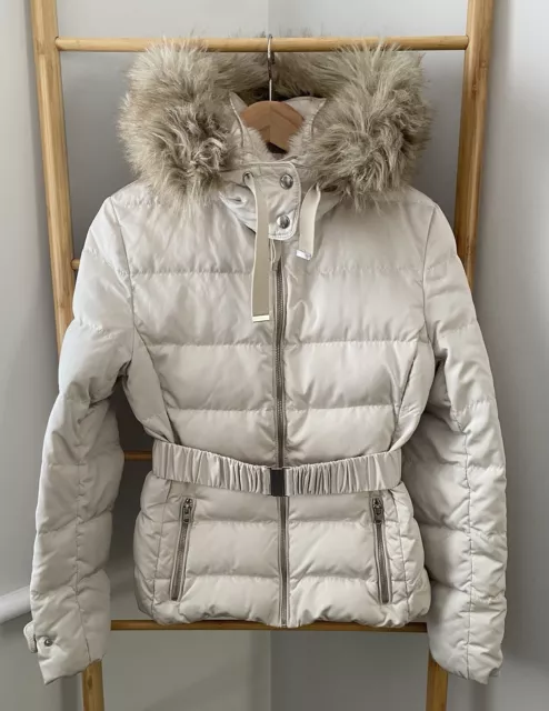 ZARA BEIGE Cream Puffer Coat with Detachable Hood Faux Fur Trim M 34.99 PicClick UK