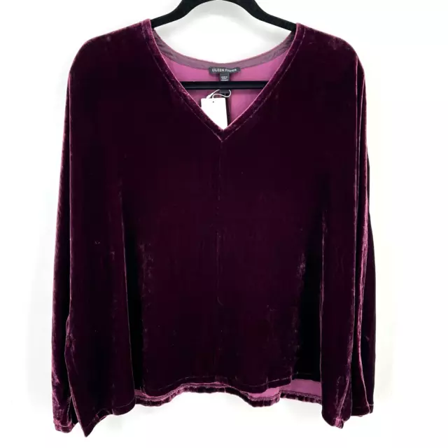 Eileen Fisher Velvet V-Neck Top Boxy Fit Shirt Womens Size L Sweet Plum Purple