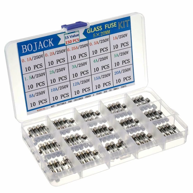 BOJACK 15 Valeurs 150 pièces Kit d'assortiment de fusibles en verre à fusion r