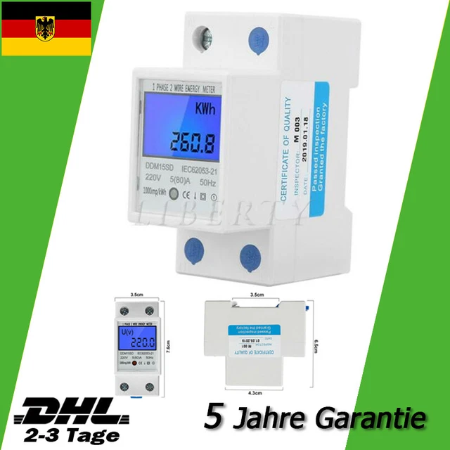 JVJ 1-phasiger Stromzähler 5(80)A – Digitaler KWh-Zähler Für Hutschiene, LCD-Display, AC230V