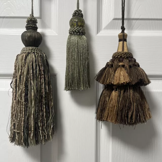 Vintage Rope Drapery Curtain Tiebacks Tassels Green Brown Decorative Lot of 3
