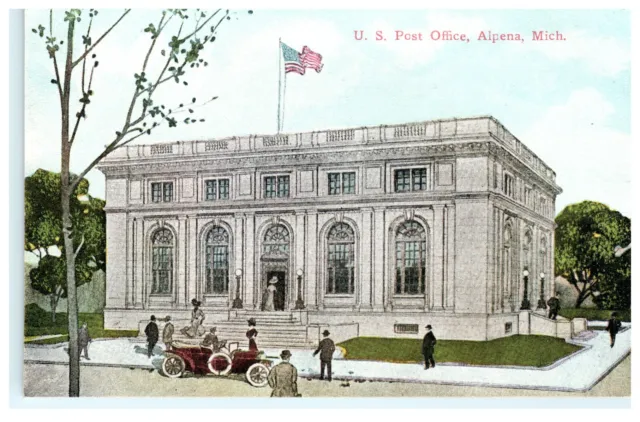 US Post Office Exterior Alpena MI Michigan Postcard View