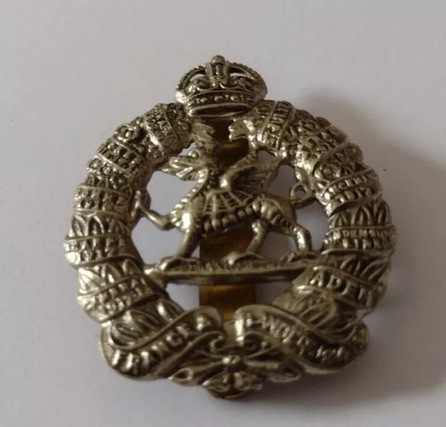 1st Battalion Monmouthshire Regiment Cap Badge KC White Metal Slider ANTIQUE Org