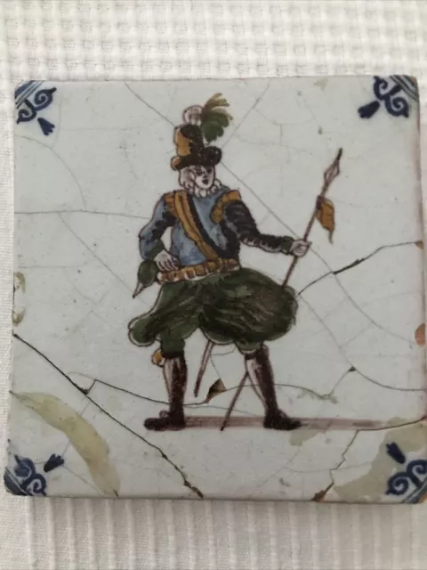 Antique Dutch Delft Blue Tile, Soldier 17th Century.Polychrome.Repaired.