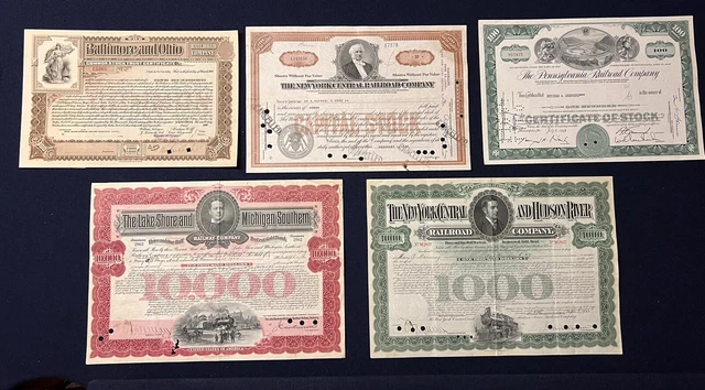 Lot of 5 Different Stock Certificates Various Industries Railroad Oil
